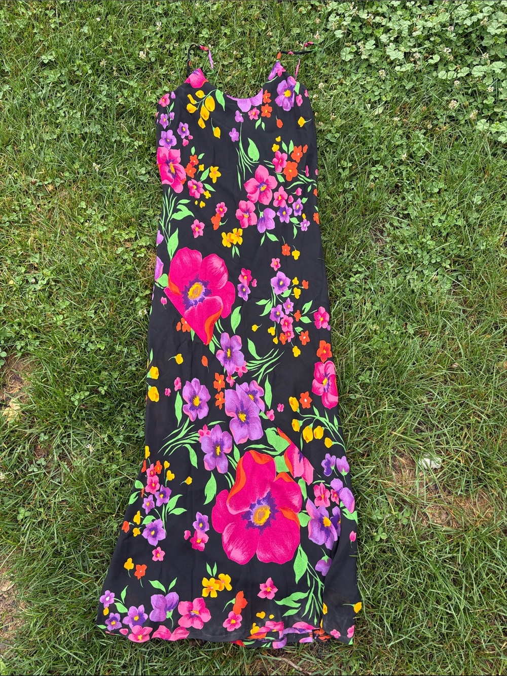 Black Floral Maxi Dress with Bright Pink & Purple Blooms